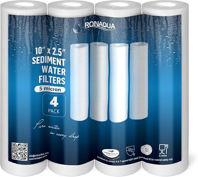 Ronaqua 5 Micron Sediment Water Filter Cartridge 10"x2.5", NSF Certified, 4-Layer Filtration for any 10-inch RO Units & Whole House Systems, Compatible with Culligan P5, AP110, WHKF-GD05, 4 Pack