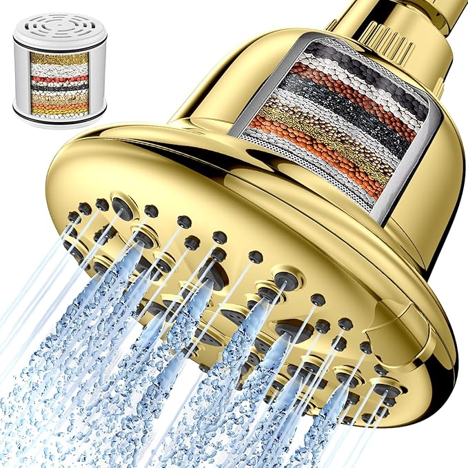 Cobbe Filtered Shower Head, 7 Modes High Pressure Shower Heads - 16 Stage Shower Head Filter for Hard Water for Remove Chlorine and Harmful Substances (Egyptian Gold, 5 Inch Round)
