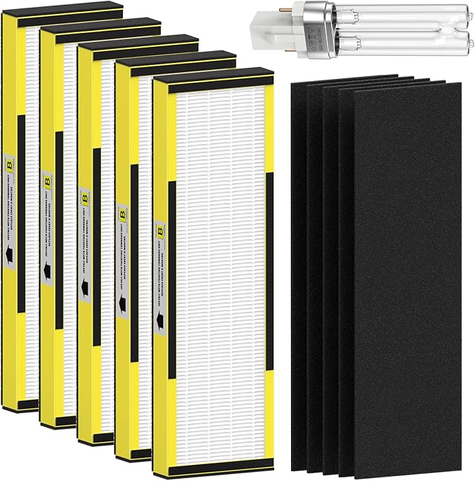 5 Pack FLT4825 True HEPA Filter B Replacement & 1 Replacement Bulb Compatible with AC4825 AC4300 AC4800 AC4900 AC4850, Part No# FLT4825, LB4000