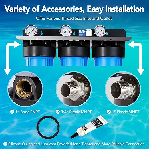 HQUA WF3-01 3-Stage Whole House Water Filtration System, Reduces Heavy Metals (Lead, Mercury, Copper, Nickel, Chromium), Chloramine, Sediment, Odor, and VOC’s