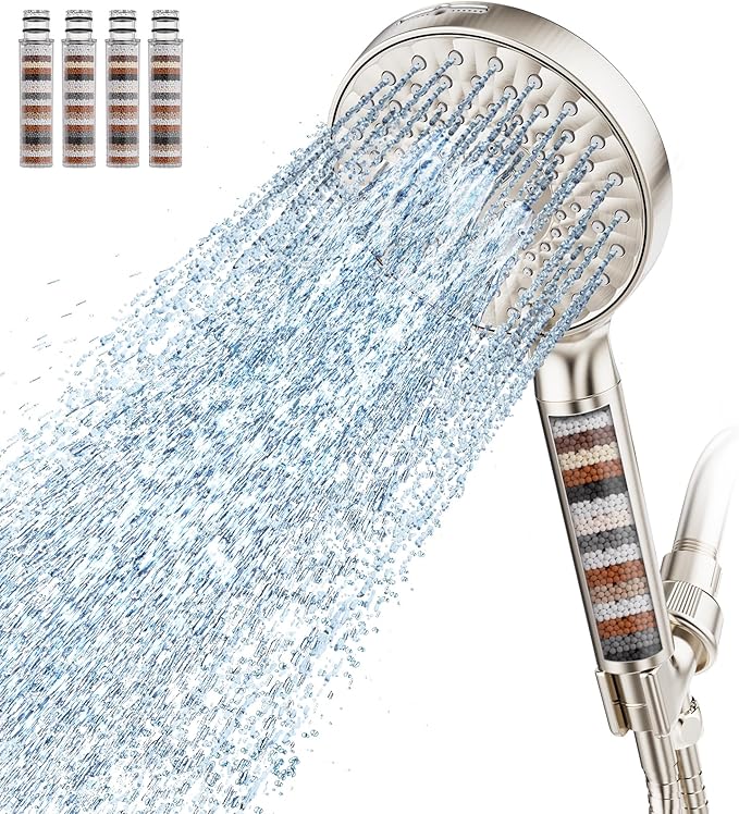 Filtered Shower Head with Handheld, High Pressure 9 Spray Mode Brushed Nickel Showerhead with 4 Filters, Detachable Shower Head, Water Softener Filters Beads for Hard Water - Remove Chlorine