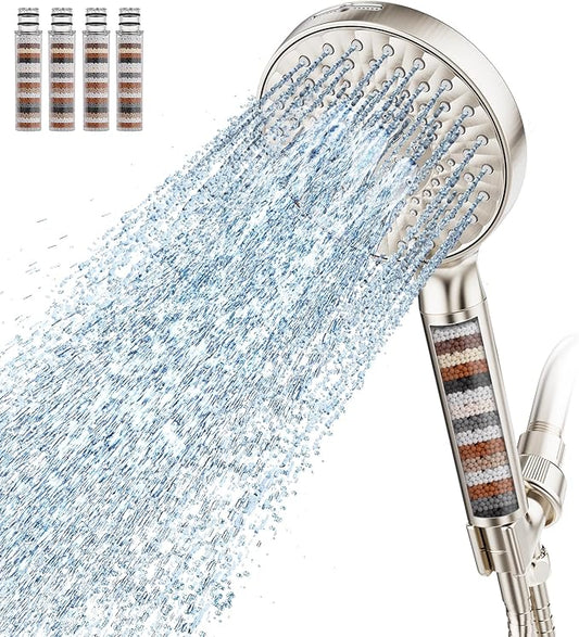 Filtered Shower Head with Handheld, High Pressure 9 Spray Mode Brushed Nickel Showerhead with 4 Filters, Detachable Shower Head, Water Softener Filters Beads for Hard Water - Remove Chlorine