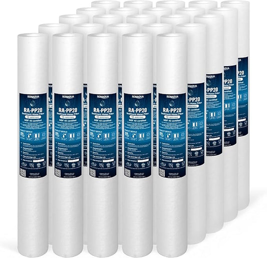 Ronaqua 10 Micron Standard 20" x 2.5" Sediment Water Filter Cartridge, NSF Certified, 4-Layer Filtration for 20” x 2.5” Whole House Systems, Compatible with FPMB5-20, SDC-25-2005/4, VX05-20, 25 Pack
