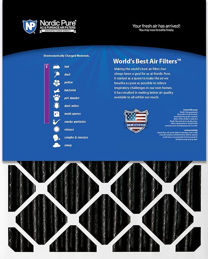 Nordic Pure 20x20x4 (19_1/2 x 19_1/2 x 3_5/8) Pleated Plus Carbon Air Filters MERV 8 6 Pack