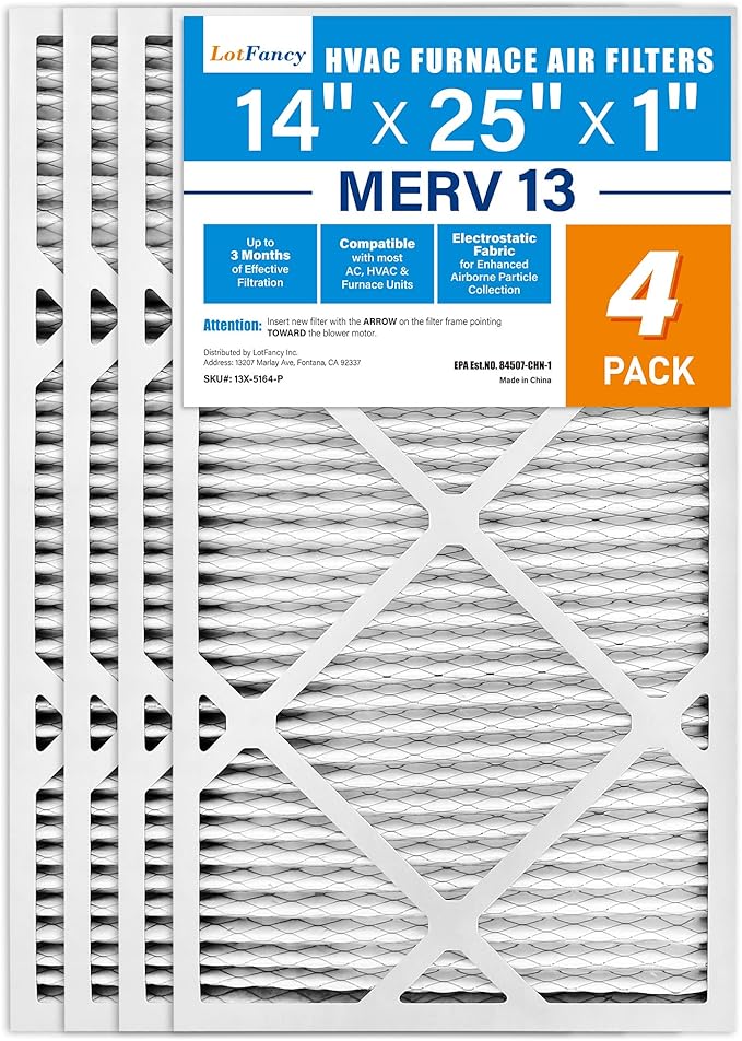 LotFancy 14x25x1 Air Filter MERV 13 Pet Smoke Smog Allergens Defense (4-Pack) Pleated HVAC Furnace Air Filters, Replacement for Home AC & Heating Systems, Actual Size: 13.75" x 24.75" x 0.75"