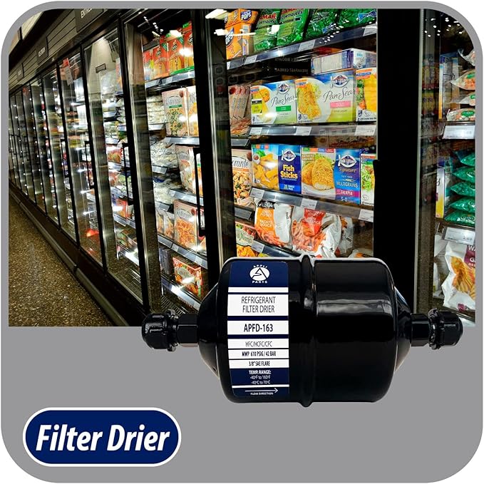 Appli Parts APFD-163 3/8 in Liquid Line Refrigerant AC Filter Drier hvac Refrigeration 163 SAE Flare connection universal unidirectional 7in long 3in wide