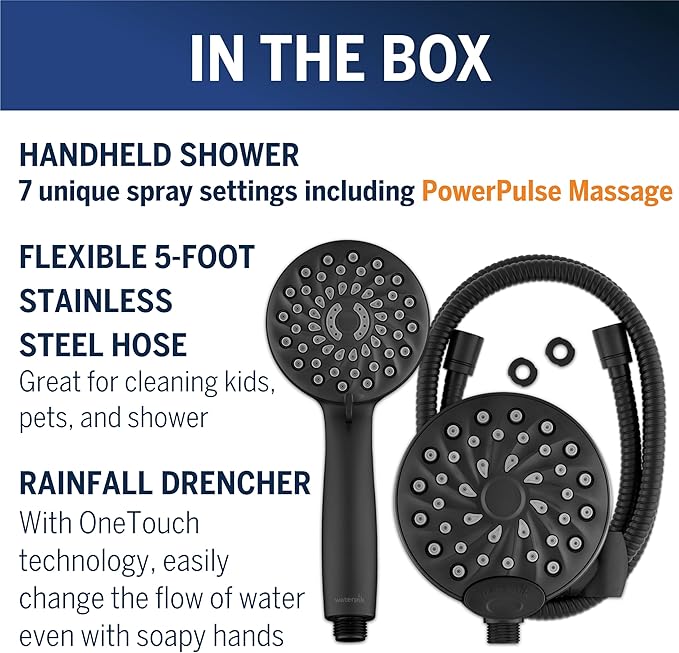 Waterpik One-Touch Dual 2-in-1 Shower System With Rain Shower Head and 7-Mode Hand Held Shower Head, Matte Black XPB-135E-765ME