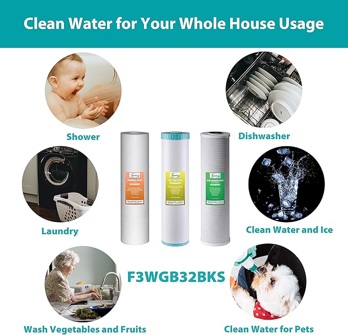 iSpring F3WGB32BKS 3-Stage Whole House Water Filter Set, 4.5” x 20” Sediment, GAC+KDF, and CTO Carbon Block Cartridges, Fits WGB32B-KS