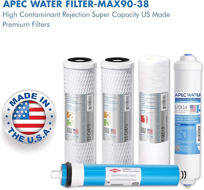 APEC WATER FILTER-MAX90-38 US Made 90 GPD Complete Replacement Set for Ultimate Series Reverse Osmosis Water Filter System with 3/8" D Tubing Quick Dispense, White