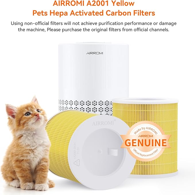 AIRROMI A2001 HEPA Air Purifier Replacement Filter: Original 3-in-1 Filter, Removes 99.97% of 0.3 Micron Particles, Yellow Activated Carbon Filter - Pets & Allergen Specific 2 Pack