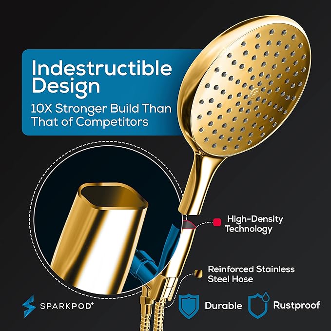 SparkPod High Pressure Handheld Shower Head with Hose - Huge 6-Inch Rainfall Shower Head, Extra Long 6ft. Hose & Adjustable Bracket- Luxury Showerheads- 1-Min Installation (Egyptian Gold)