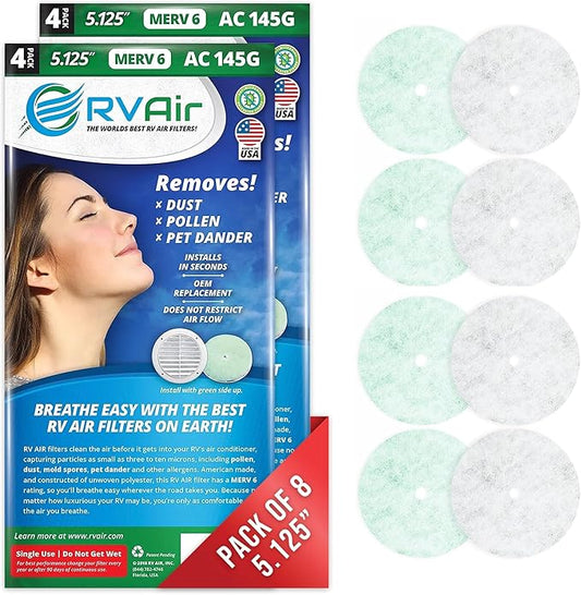 AC Filter - Air Conditioner Replacement Filters - RV Air Cleaner - Camper Accessories for Travel Trailers - Easy to Install Vent Filter - 5.25" round x 0.75" thick (8 Filters for AC 145G)