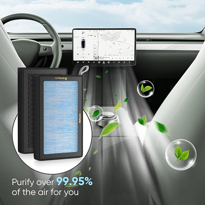 Tesla Model 3 Model Y Cabin Air Filter, 2 Pack H13 HEPA Filter with Premium Activated Carbon, 4-Stage Filtrtion Structure (2016-2025)