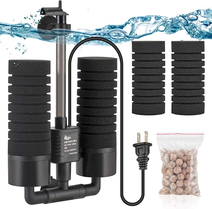 AQQA Aquarium Electric Power Sponge Filter,3W/5W Silence Submersible Foam Filter,Sponges Bio Ceramic Media Balls Double Filter for Saltwater Freshwater Fish Tank (M)