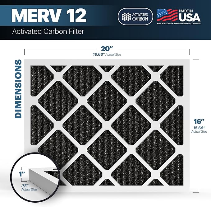 BNX TruFilter 16x20x1 MERV 12 Odor Defense (2-Pack) AC Furnace Air Filter with Activated Carbon - MADE IN USA - Pleated Air Conditioner HVAC AC Furnace Filters - Removes Odor, Mold, Bacteria, Smoke