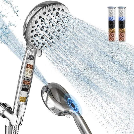 Filtered Shower Head with Handheld,7 Spray Settings High Pressure Showerhead Built in Power Wash to Clean Tub, Tile & Pet, Showerhead with Filters for Hard Water - Remove Chlorine, (Chrome)