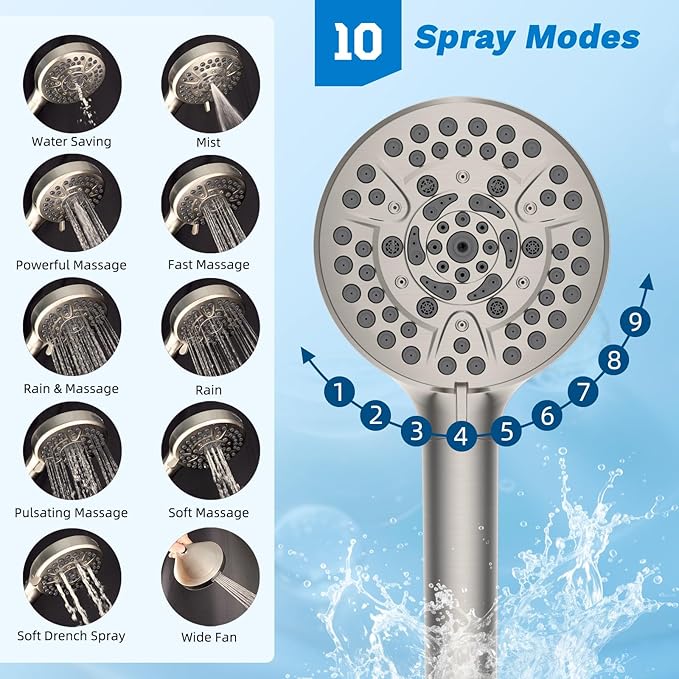 Hibbent Upgraded All Metal 12" Rainfall Showerhead Combo, High Pressure Shower Head with 10-Spray Mode Handheld, 4-way Diverter with Pause Mode, 71'' Shower Hose and Handheld Holder, Brushed Nickel
