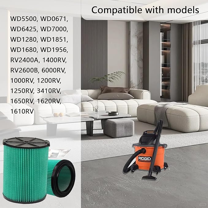 VF6000 5-Layer Pleated Replacement Filter Compatible with Ridgid 5-20 Gallon Wet Dry Vacuums WD5500 WD0671 WD6425 WD7000 WD1280 WD1851 WD1680 WD1956 RV2400A 1400RV RV2600B (2 Pack)