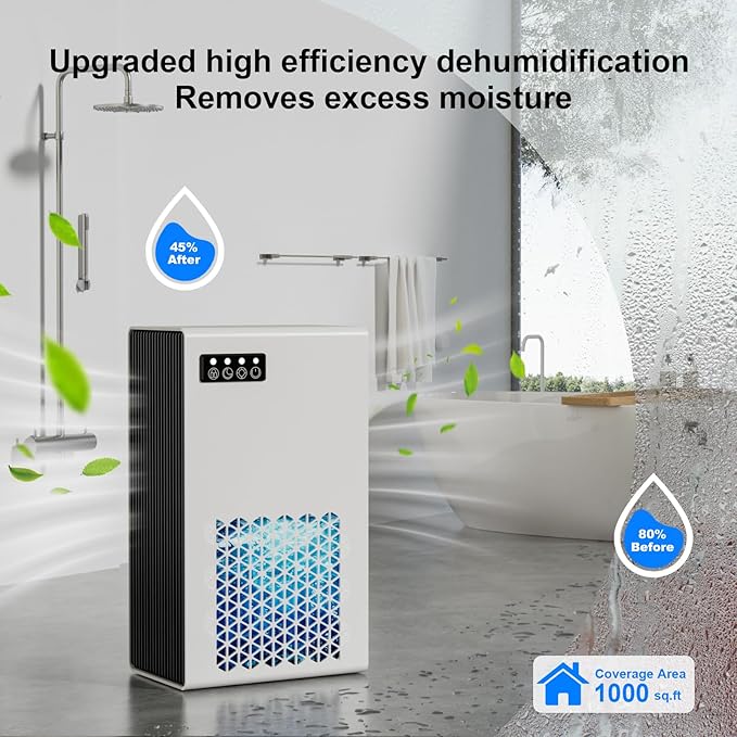 Dehumidifiers for Home, 99oz Water Tank Dehumidifier for Bedroom Basement Bathroom RV with Auto Shut Off, Drain Hose, Sleep Mode, (White)