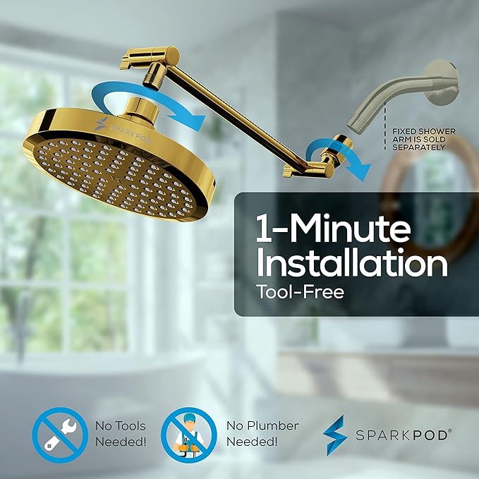 SparkPod Round Rain Shower Head with Extension Arm - Height Adjustable Shower Head with High Pressure Performance - Easy 1-Minute Installation (11" Arm Extension, Egyptian Gold)