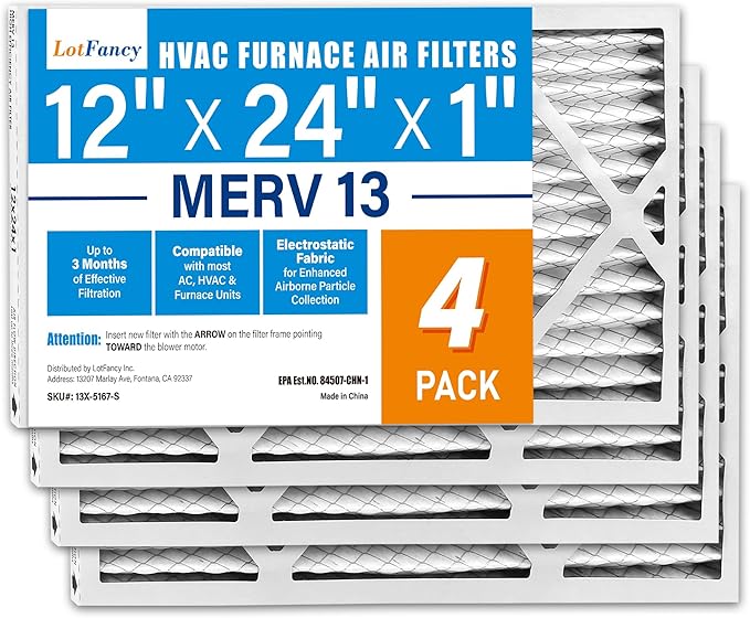 LotFancy 12x24x1 Air Filter MERV 13 Pet Smoke Smog Allergens Defense (4-Pack) Pleated HVAC Furnace Air Filters, Replacement for Home AC & Heating Systems, Actual Size: 11.75" x 23.75" x 0.75"