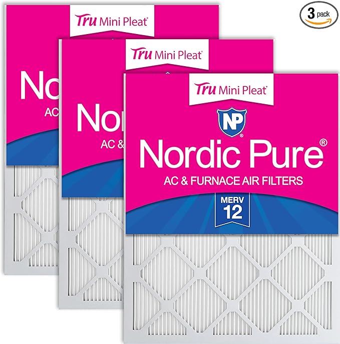 Nordic Pure 16x20x1 (Actual Size: 15 1/2 x 19 1/2 x 3/4) Tru Mini Pleat MERV 12 AC Furnace Air Filters – 2.5X More Media for Longer-Lasting, High-Efficiency Filtration - 3 Pack