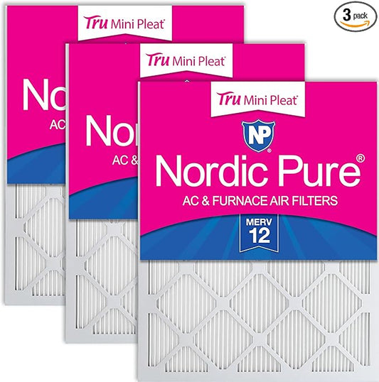 Nordic Pure 20x20x1 (Actual Size: 19 1/2 x 19 1/2 x 3/4) Tru Mini Pleat MERV 12 AC Furnace Air Filters – 2.5X More Media for Longer-Lasting, High-Efficiency Filtration - 3 Pack
