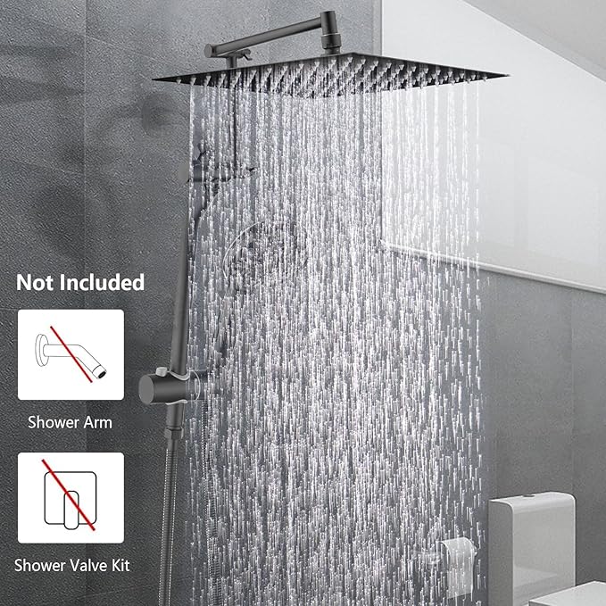 High Pressure 12 Inch Rainfall Shower Head with Handheld Combo, 16" Adjustable Extension Arm Build-in 3-way Diverter, Dual Shower Head Combo Set with Adjustable Height Slide Bar - Matte Black