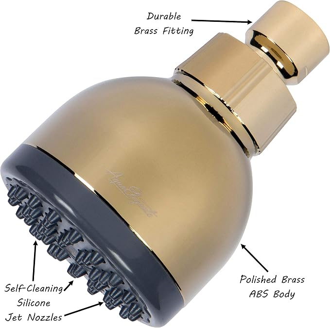 Aqua Elegante Low Water Pressure Shower Heads - Best High Pressure Boosting Wall Mount Showerhead - Indoor And Outdoor Modern Bath Spa Head, 1.8 GPM - Polished Brass & California Certified