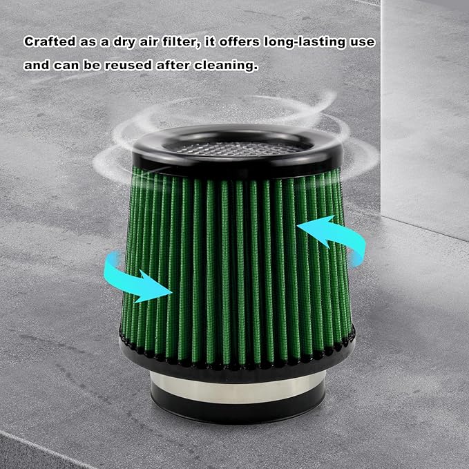 RULLINE 76mm 89mm 102mm Air Filter 3" 3.5" 4" Cold Air Intake Universal Clamp-On Air Filter Three Different Size High Flow Round Tapered Cone Cool Cleaner Green