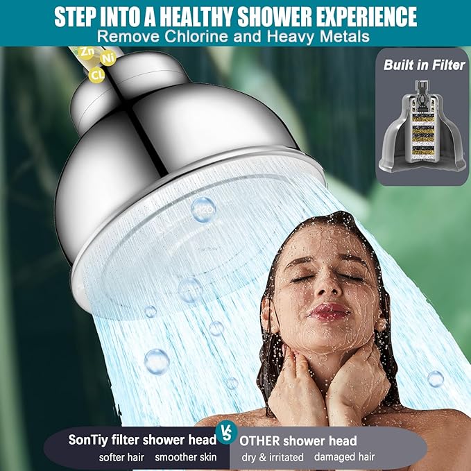 Metal Filtered Shower Head for Hard Water, High Pressure 6'' Rain Shower Head with Built-in Filter, Removes Chlorine & Impurities, Softens Water for Hair, Skin,Easy to Install,Chrome Finish