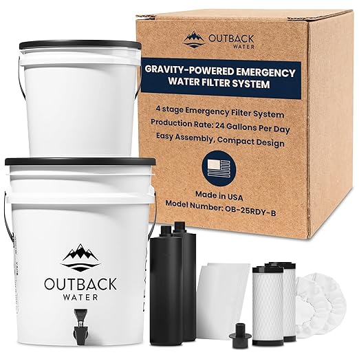 Outback Water Emergency Drinking Water Filter System with Extra Filter Replacement Kit - Gravity Fed Bucket Water Filtration for Survival, Off-Grid, Disaster Preparedness, Travel, Camping, Bug Out Kit