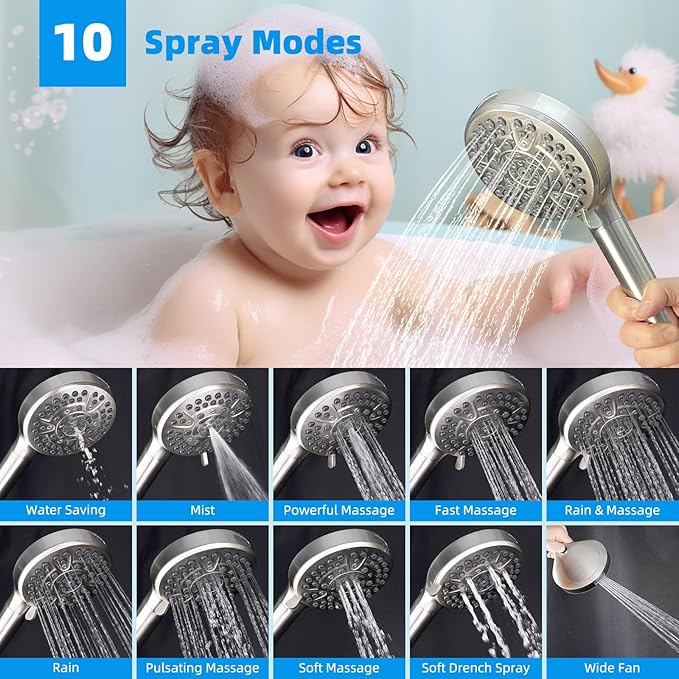 Hibbent 5-spray 13'' Shower Head, High Pressure Rainfall Shower Head, Dual Showerhead Combo with 10-mode Handheld Spray, 12'' Adjustable Extension Arm, 71'' Hose, Showerhead Holder, Brushed Nickel