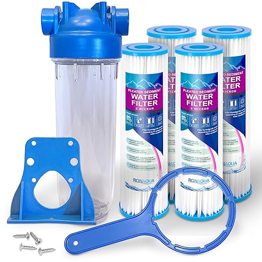 10 Inches European Design Transparent Standard Whole House Water Filter System with Presser Relief Valve, 3/4” Inlet/Outlet Brass Port and Yearly Supply (4) Pleated Sediment Cartridges 5 Micron