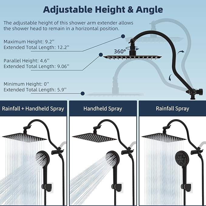 Hibbent All Metal Shower Head, 10'' High Pressure Rainfall Shower Head/Handheld Showerhead Combo with 12'' Adjustable Curved Shower Extension Arm, 10-Spray, 71'' Hose, Shower Holder, Oil Rubbed Bronze