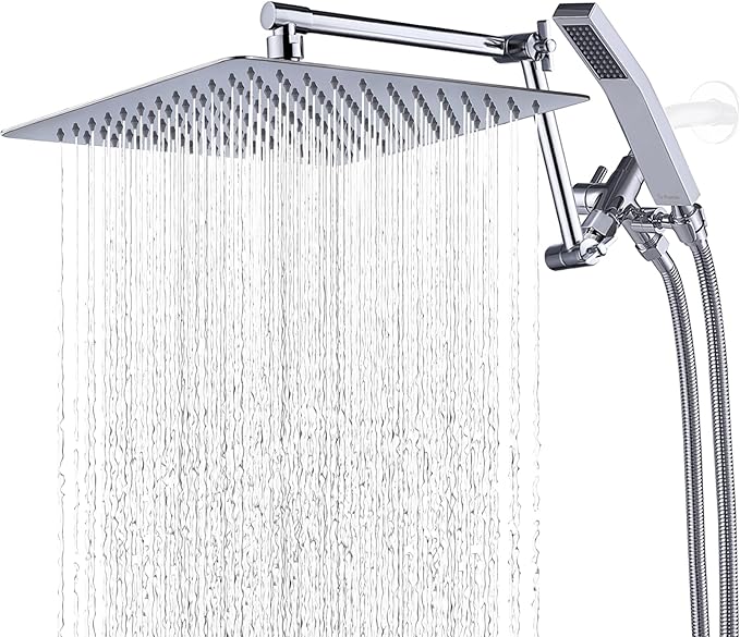 G-Promise All Metal 12 Inches Rainfall Shower Head with Handheld Spray Combo, 3 Settings Diverter, Adjustable Extension Arm with Lock Joints, 71 Inches Stainless Steel Hose (Chrome)