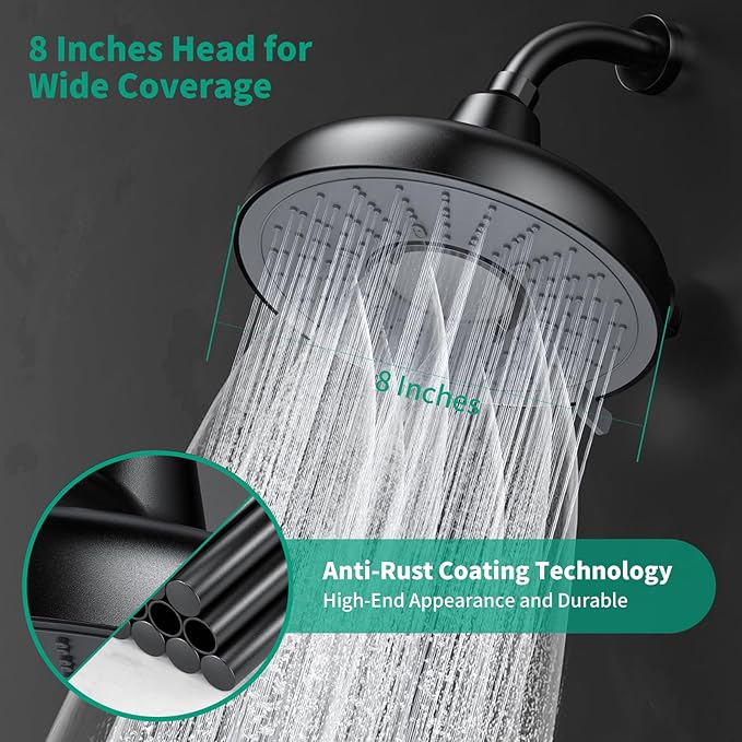 Longriver F8 Filtered Shower Head 8 Inch Shower Head High Pressure 3 Rainfall Spray Modes Shower Head Filter for Hard Water, 99% Remove Chlorine, Harmful Substance, Easily Replace the Cartridge,Black