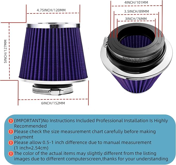 Universal Clamp-On Air Intake Filter, Fit Intake Tube with 3/3.5/4in Diameter, High Performance, Washable Filter, Replacement Air Filter, Flange Diameter 3inch/76mm (Purple)