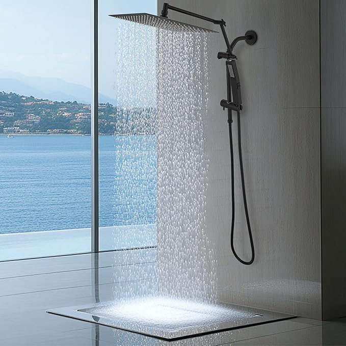 All Metal 10 Inch Rain Shower Head with Handheld Spray Combo, High Pressure Waterfall Rainfall Square Shower Heads with 16" Adjustable Extension Arm, Dual Showerhead with 3-Way Diverter, Matte Black