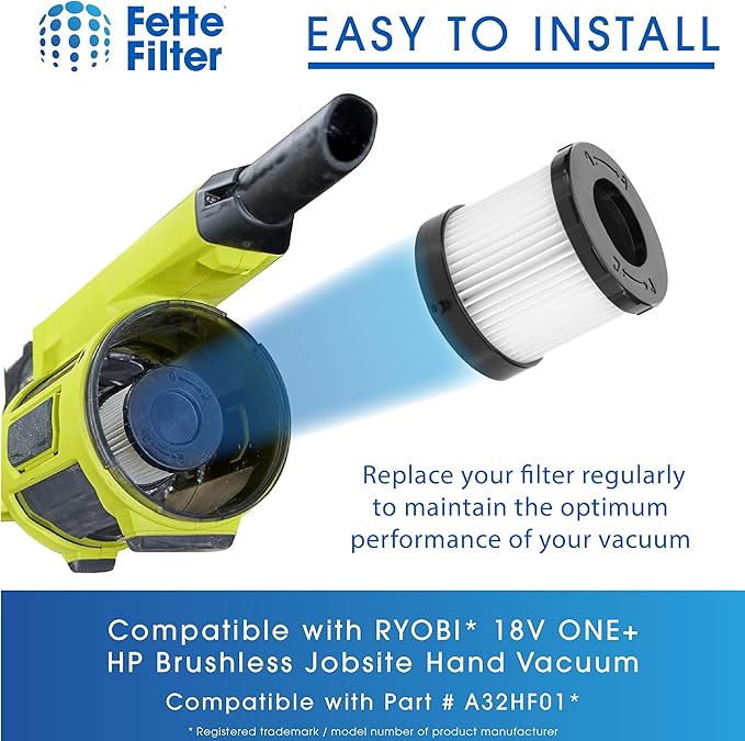 A32HF01 Premium HEPA Replacement Filter Compatible With RYOBI 18V ONE+ HP Brushless Jobsite Hand Vacuum Models PBLHV701 PBLHV701K PBLHV701B Part # A32HF01 Pack of 4
