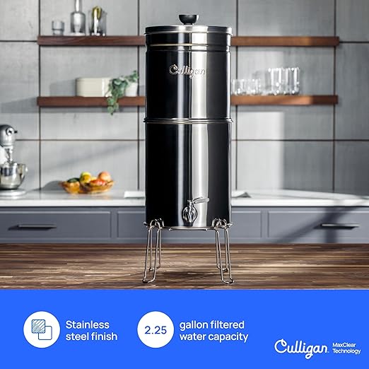 Culligan with MaxClear Technology 2.25 Gallon Gravity Water Filter System, Polished Countertop Ceramic Water Filter NSF/ANSI Certified to Reduce Lead, Microplastics & Total PFAS, with 1 Filter