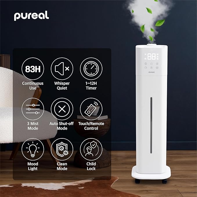Pureal 10L Tower Humidifier, 83H Runtime, Warm & Cool Mist, Large Room, Top-Fill Tank On Wheels, Auto Mode, 12H Timer, Remote Control, Mood Light, White