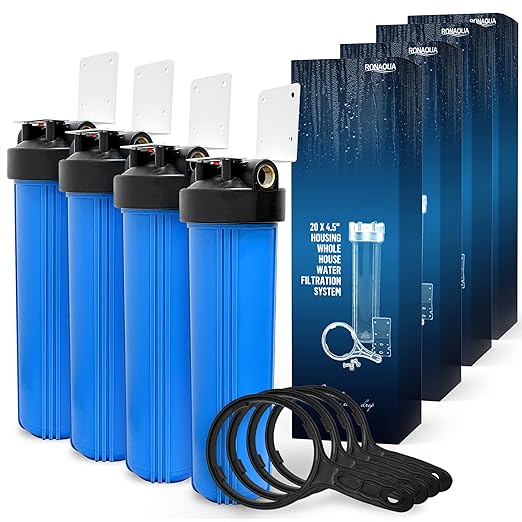 High Capacity 20 x 4.5” Whole House Filter Purifier System for Well or City Water, Presser Relief Button, 1” NPT Brass Port, Double O-Ring, Meets NSF Standards & Regulations (Blue, 4 Sets)