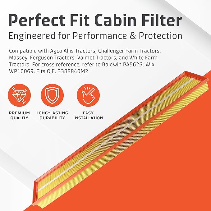 Cabin Filter - Pack 1 - Compatible with Agco Allis Tractors, Challenger Farm Tractors, Massey-Ferguson Tractors - Cabin Air Filter Replacement – Replaces O.E. 3388840M2; Baldwin PA5626; Wix WP10069