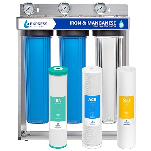 Whole House Water Filter System| IRON & MANGANESE | 3 Stage Water Purifier Whole Home, Top-Tier Iron & Mang. Filter Targets Stains/Color on Glass-Ware, Fixtures, Laundry, Signf. Reduces Lead & Arsenic