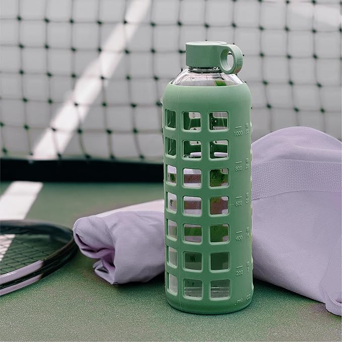 purifyou 40oz / 32oz / 22oz / 12oz Borosilicate Glass Water Bottle with Time & Volume Markers, Silicone Sleeve, Stainless Steel Lid | Reusable Glass Bottle for Water & Juice (32oz Shale Green)