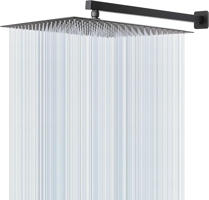 HarJue Shower Head with Extension Arm, High Pressure Square with ShowerArm, Stainless Steel Rainfall-Waterfall Full Body Coverage (16'' Shower with 20'' Arm, Matte Black)