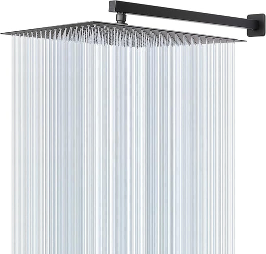 HarJue Shower Head with Extension Arm, High Pressure Square with ShowerArm, Stainless Steel Rainfall-Waterfall Full Body Coverage (16'' Shower with 20'' Arm, Matte Black)
