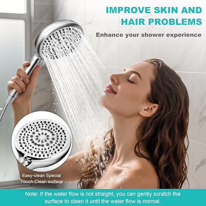 Filtered Shower Head with Handheld, 8+2 Modes High Pressure with Multi-Stage Filter Beads for Hard Water - Gentle on Skin & Hair, Long Stainless Steel Hose, Overhead Brackets, G1/2 Universal (Chrome)