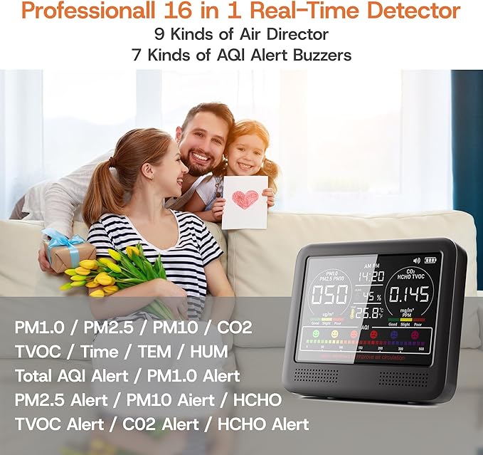16-in-1 Indoor Air Quality Monitor with PM1.0,PM2.5,PM10,CO2,HCHO,TVOC,Temperature,Humidity,Time Display &7 AQI Alarms – Professional Air Quality Tester for Home, Office & Indoor Use (Jet Black)